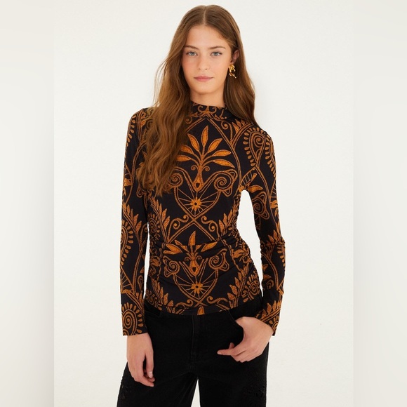 Farm Rio Black Cornely Ainika Ruched Waist Jersey Blouse - Picture 1 of 7